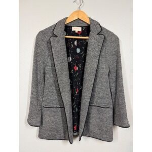 Skies Are Blue Blazer Women Large Gray Floral Lining Open Front Knit Piping Coat